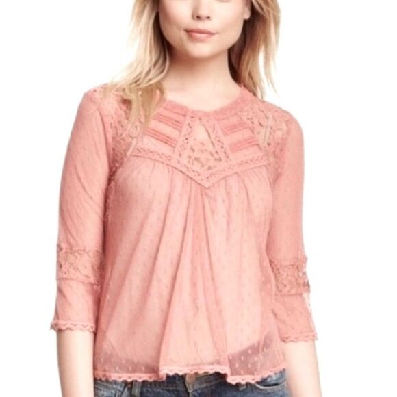 Free People Sheer Modern Romance Lace Blouse Deco Pink - Picture 7 of 7